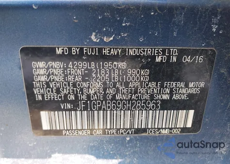 2016 Subaru Impreza 2.0I Premium from USA, damaged, VIN JF1GPAB69GH285963